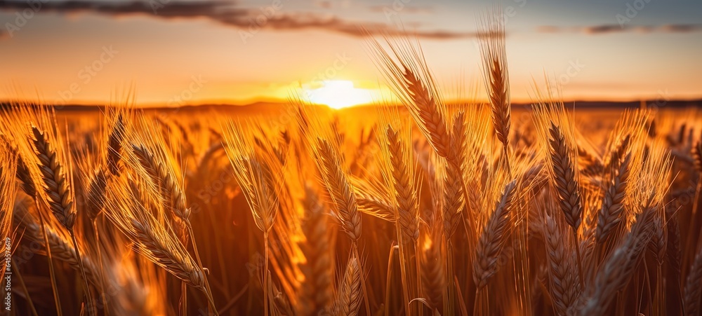 close up barley ears in golden field with sunlight, generative Ai