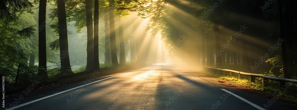 countryside forest road with sunlight ray shine through tree canopy, Generative Ai