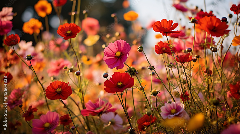 Field full of autumn flowers at sunrise