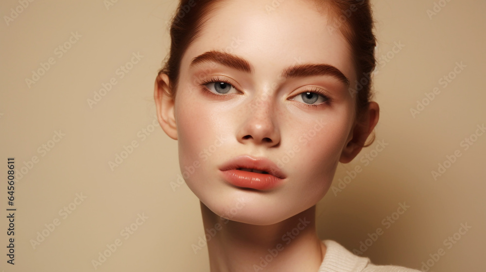 Beautiful young woman on an brown colored background