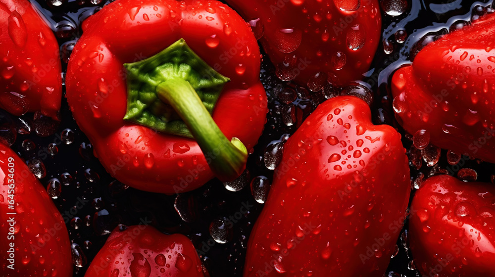 Fresh red bell peppers with water drops background. Vegetables backdrop. Generative AI