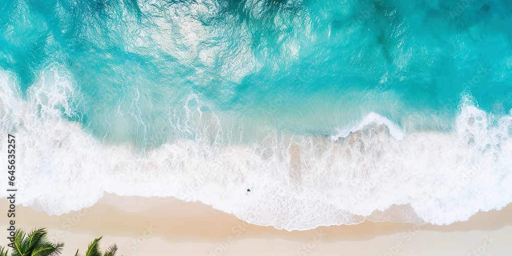 Aerial top view on sand ocean beach with palm trees. Summer vacation paradise concept. Generative AI