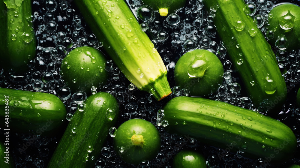 Freshgreen zucchini or courgettes with water drops background. Vegetables backdrop. Generative AI