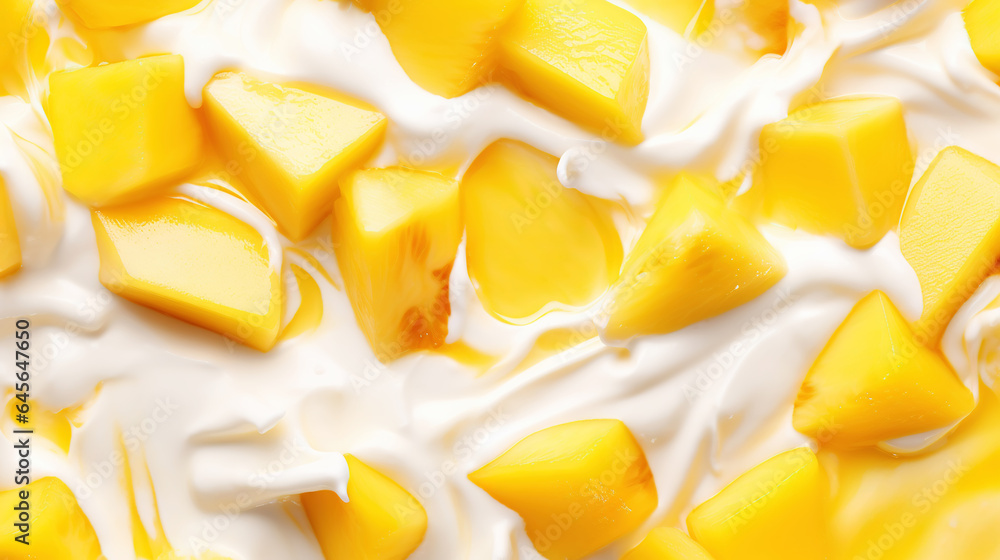 Yogurt and fresh mango pieces, background. Top view. Generative AI