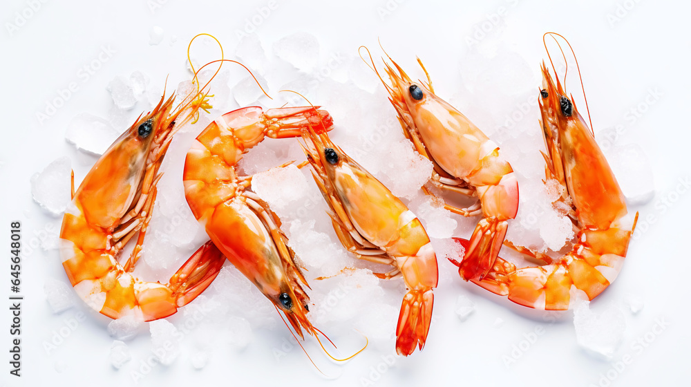 Top view of raw whole king prawns on ice. Seafood background. Generative AI