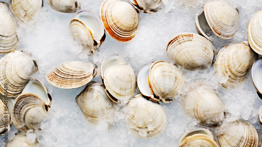 Top view on fresh clams in ice cubes. Sea food background. Generative AI