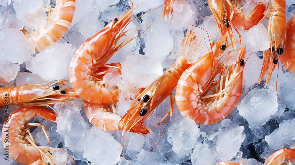 Top view of raw whole shrimps on ice. Seafood background. Generative AI