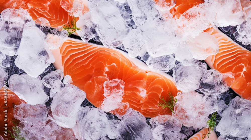 Fresh salmon fillet on ice. Red tasty fish meat. Seafood background. Generative AI