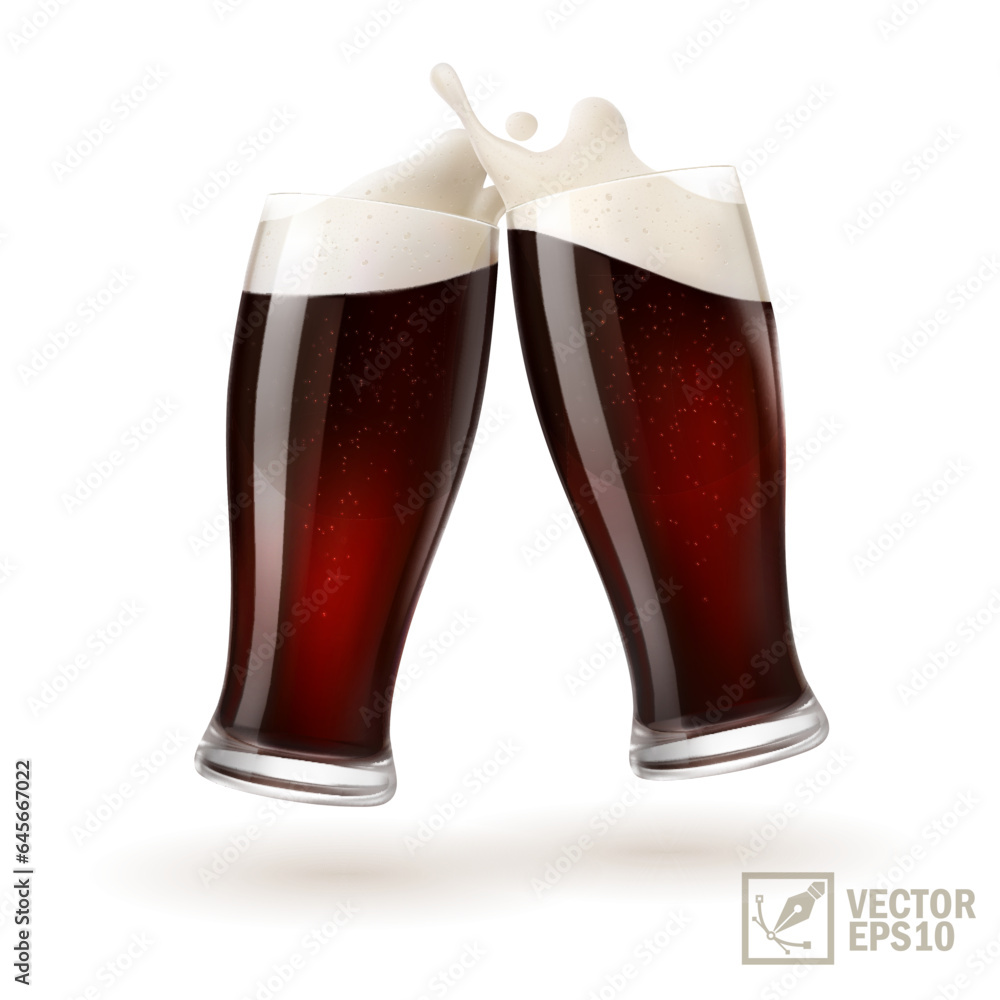 3D realistic two glasses of dark beer toasting creating splash