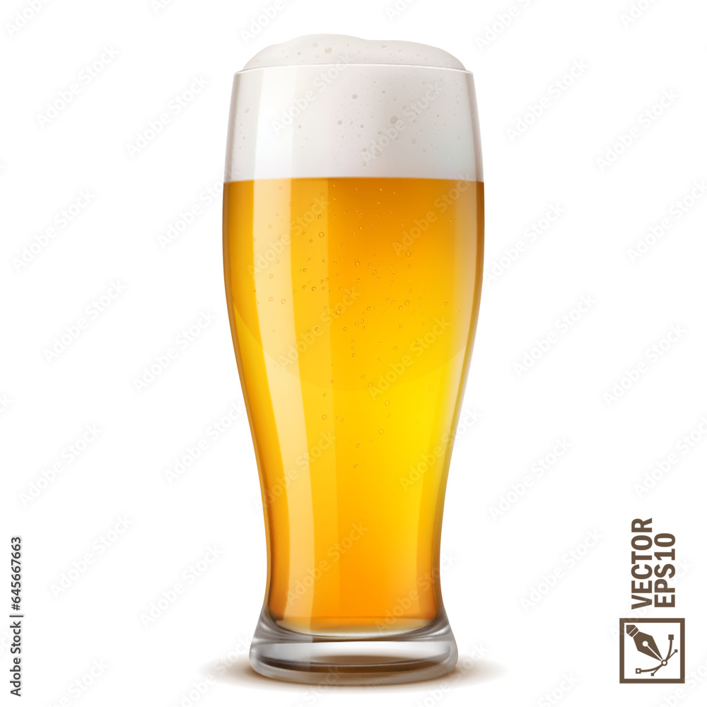 3D realistic cold glass of light beer with lush flowing foam