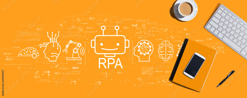 Robotic Process Automation RPA theme with a computer keyboard and office items