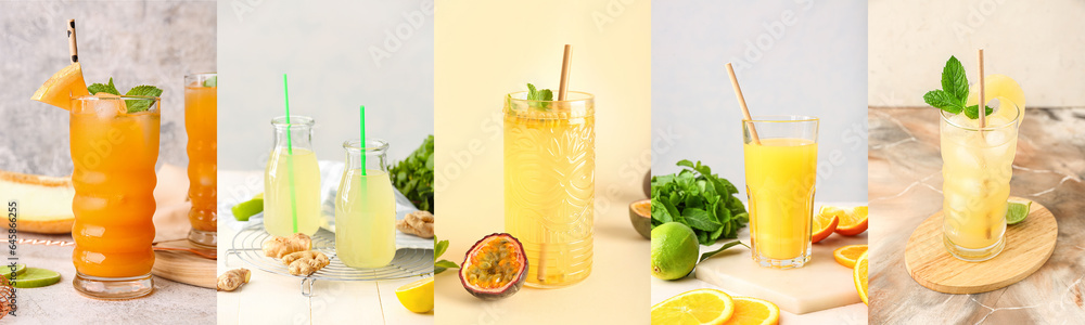 Collage of tasty chilled cocktails on light background