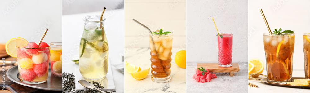 Set of tasty chilled cocktails on light background