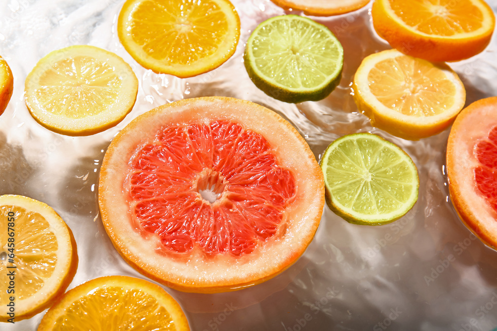 Different citrus fruit slices in water on white background