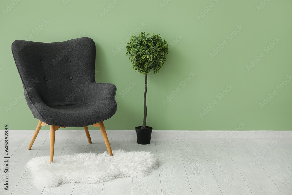 Dark grey armchair with houseplant and fluffy rug near green wall