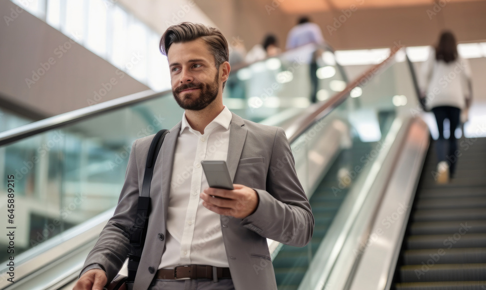 Business man is standing on an escalator at the shopping mall and using his phone.