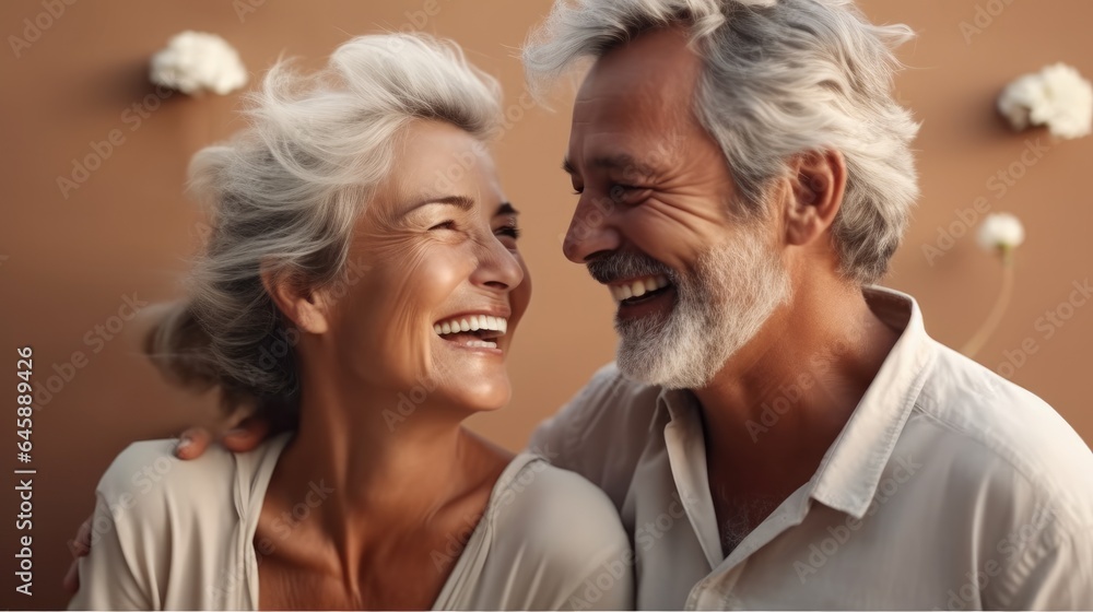 Portrait of happy smiling senior couple at home, Elderly love and friendship.