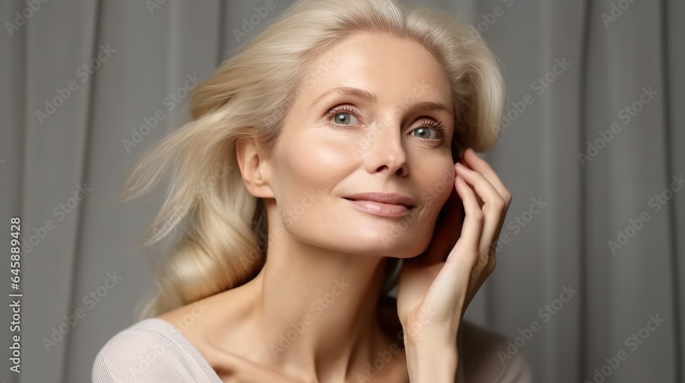 Beautiful middle aged woman touching her face, Doing morning face care routine.