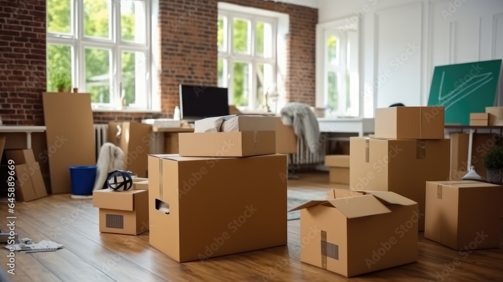 Cardboard boxes in dorm room on moving day, Unpacking cardboard boxes.