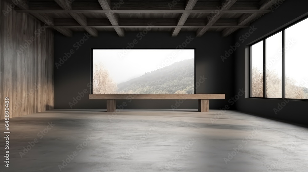 Empty gray and wooden room interior and panoramic window in modern office.