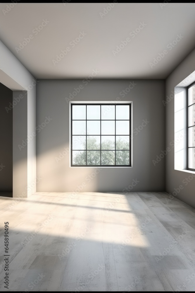 Empty gray room interior with windows in modern office.