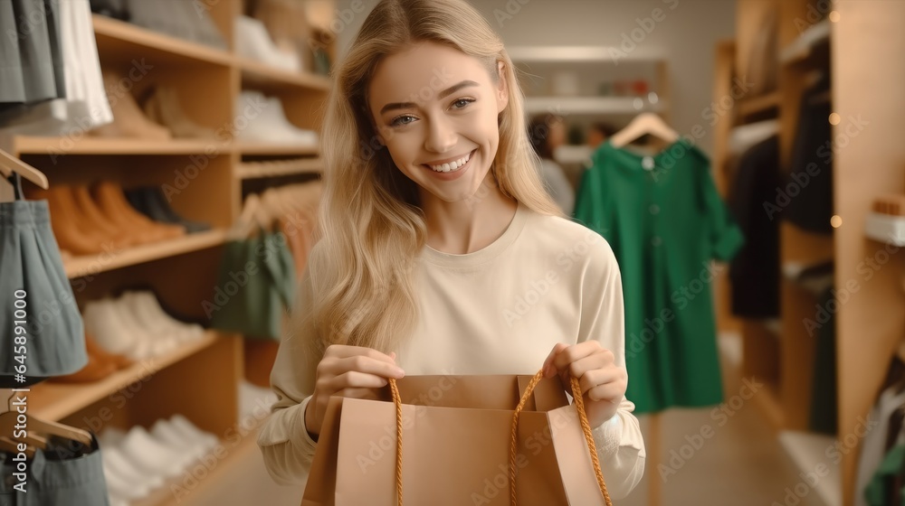 Beautiful woman in casual clothes is holding shopping bags in boutique.