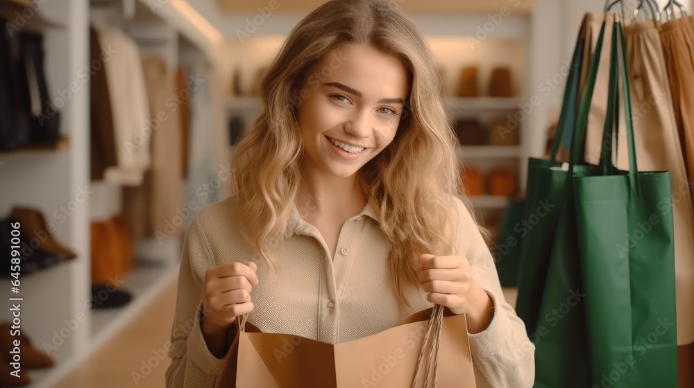 Beautiful woman in casual clothes is holding shopping bags in boutique.