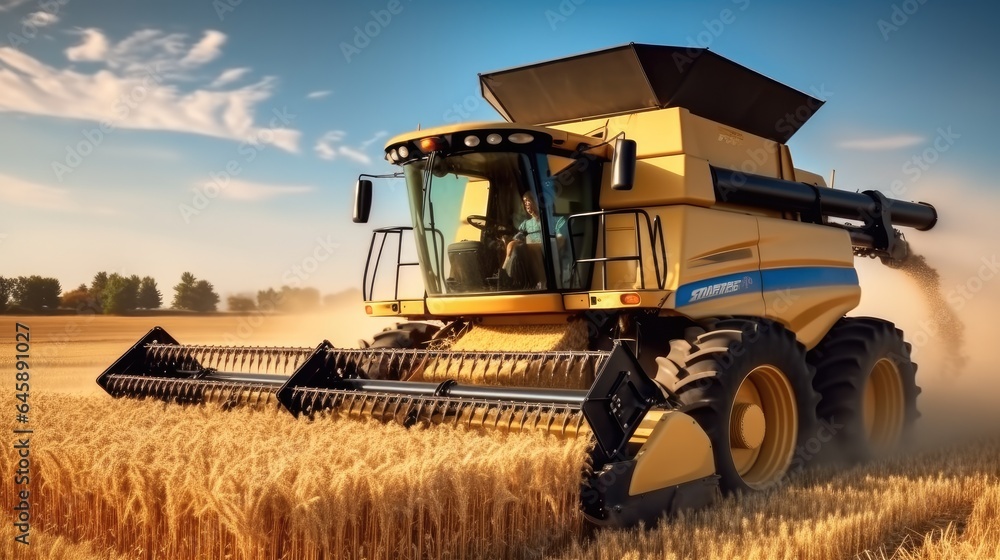 Combine harvesting in agriculture fields at sunset.