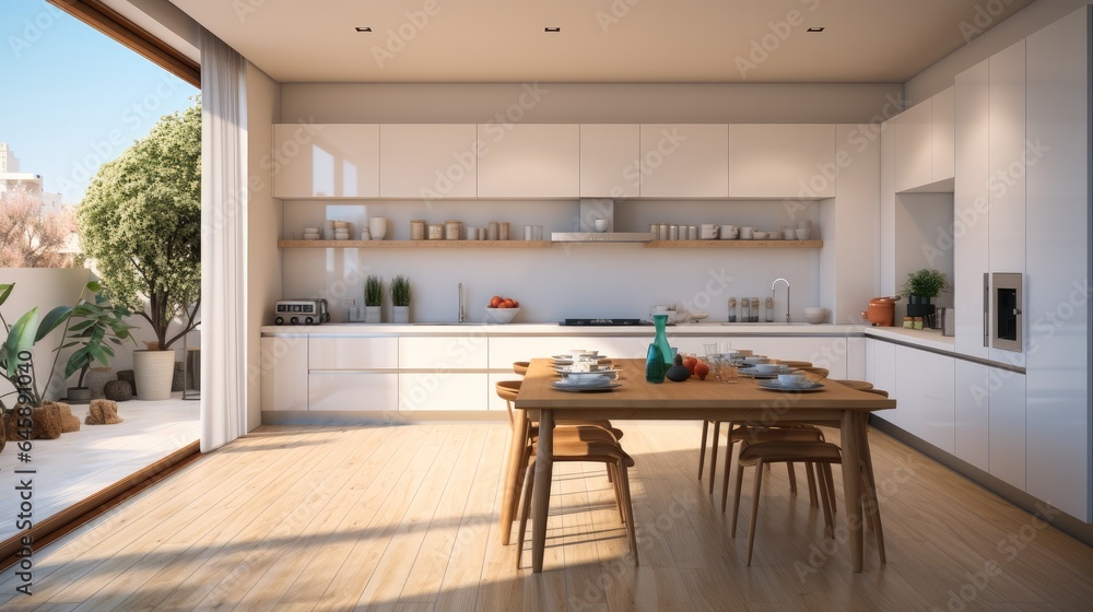 Inside kitchen and dining room in the minimalist house.