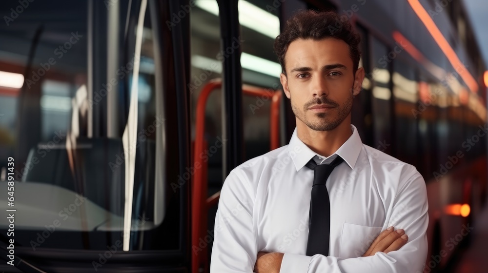 Man standing in front of a bus, Public transport driver occupation.