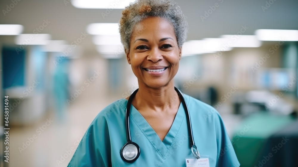 Portrait of African American nurse smiling in a hospital.