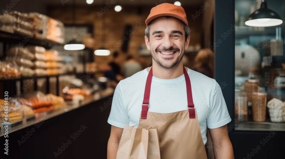 Happy owner are working in bakery delivery food store, Cake fresh, Order fast courier.