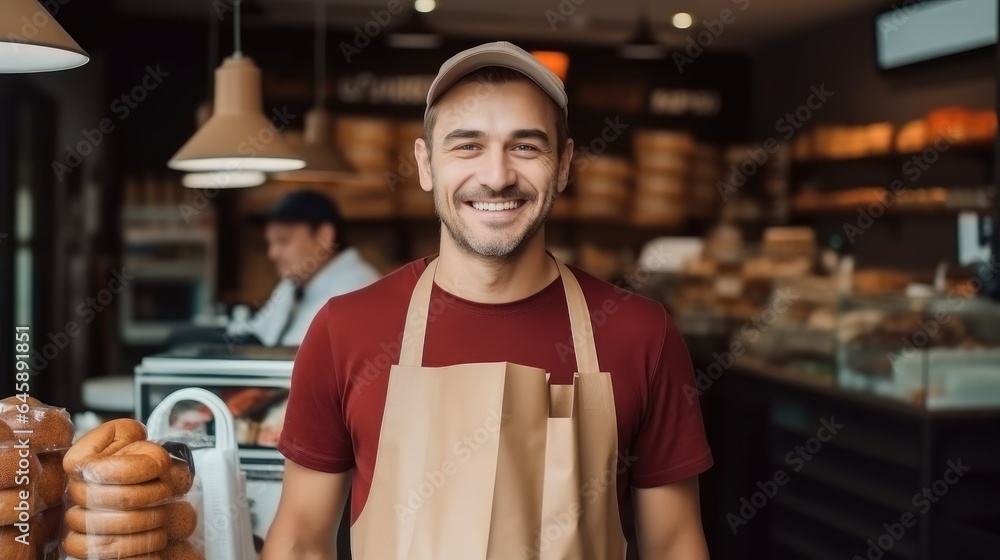 Happy owner are working in bakery delivery food store, Cake fresh, Order fast courier.