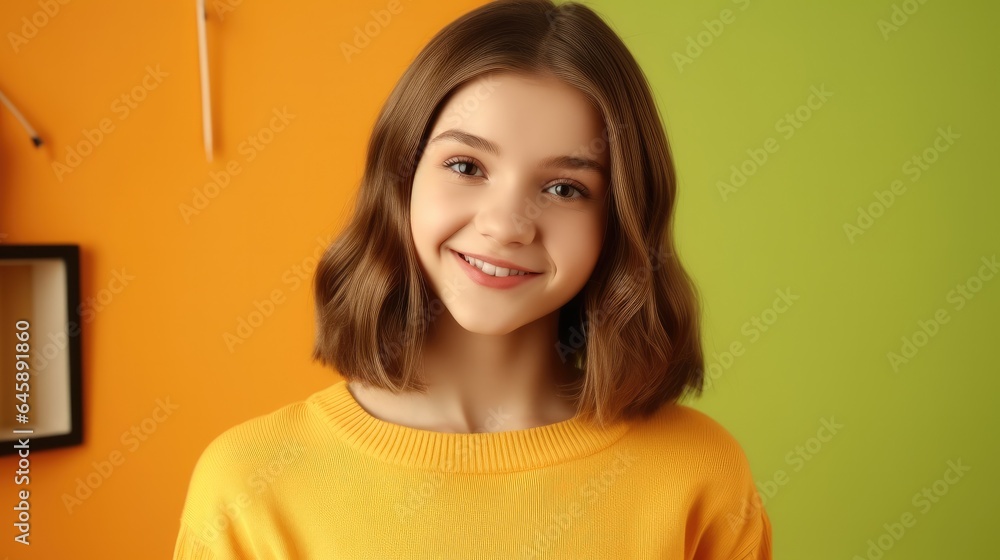 Portrait of teen girl smiling portrait against orange background in studio.