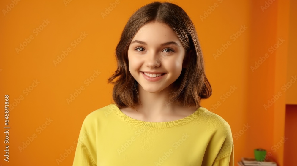 Portrait of teen girl smiling portrait against orange background in studio.