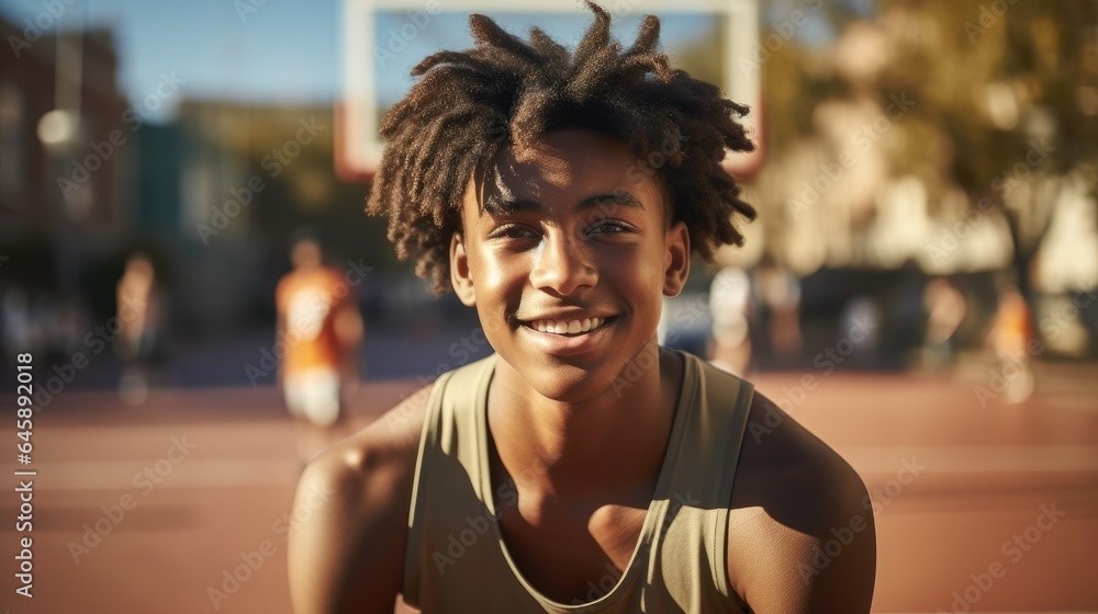 Portrait of a young African American boy smiling on a basketball court.