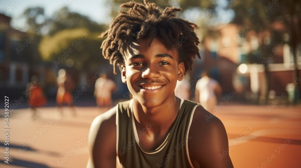 Portrait of a young African American boy smiling on a basketball court.