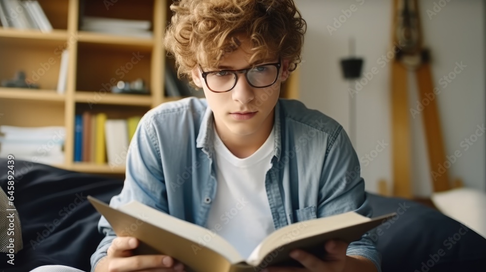 Male teenager wear eyeglasses are reading book while sitting on bed at home, Spending leisure or wee