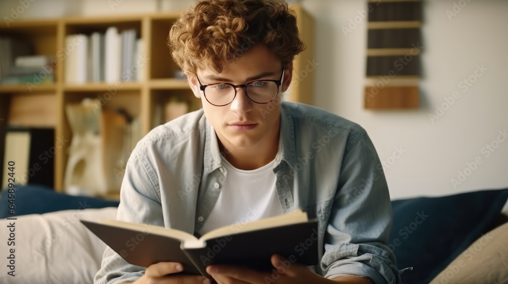 Male teenager wear eyeglasses are reading book while sitting on bed at home, Spending leisure or wee