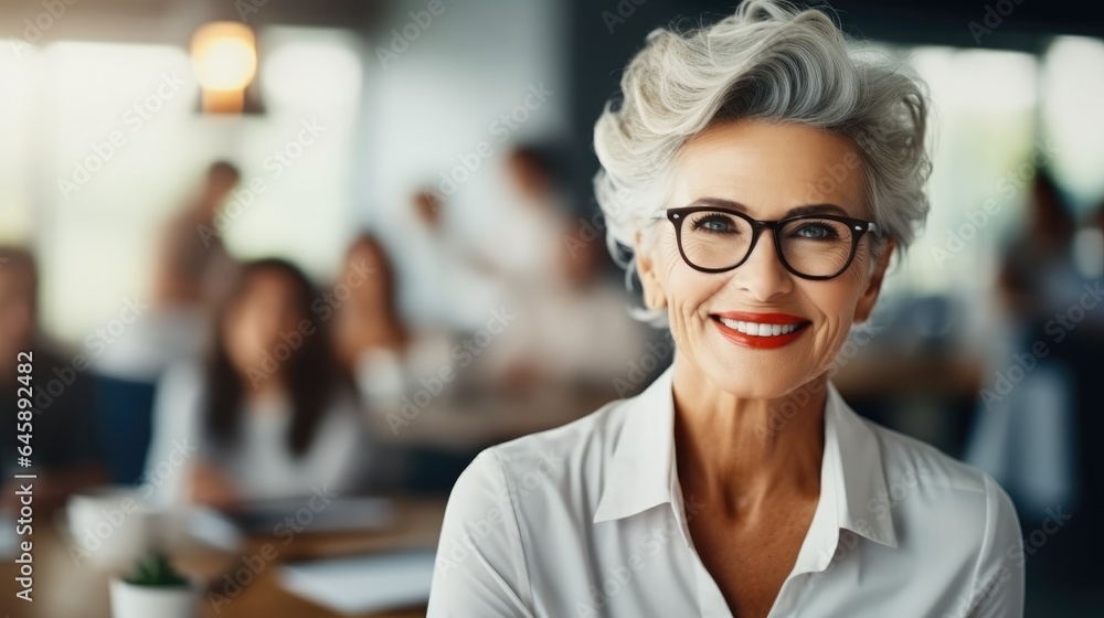 Senior woman leading a modern office meeting, Older Business Owners, Leading in Modern Markets.