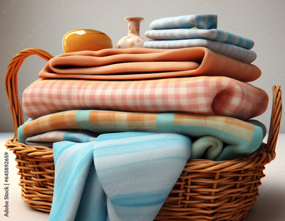 Stack of clean towels in a laundry basket.