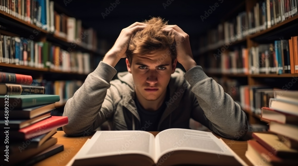 Tired male student holding his head while sitting in library.