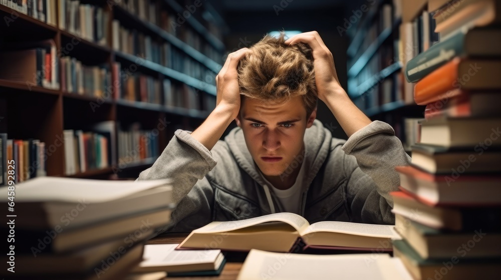 Tired male student holding his head while sitting in library.