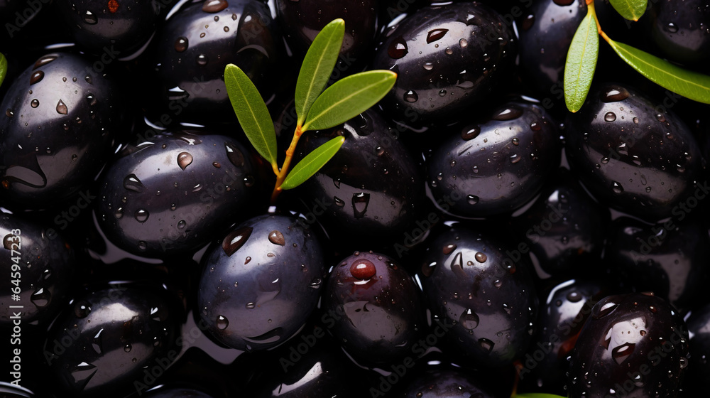 Black olives with leaves and water drops background. Vegetables backdrop. Generative AI