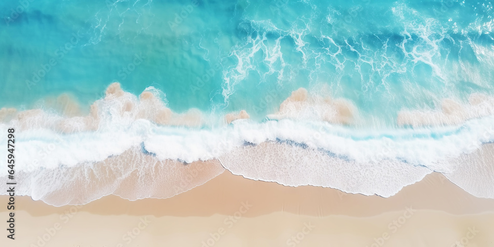 Top view oncoast with ocean waves. Blue water background. Summer seascape from air. Generative AI