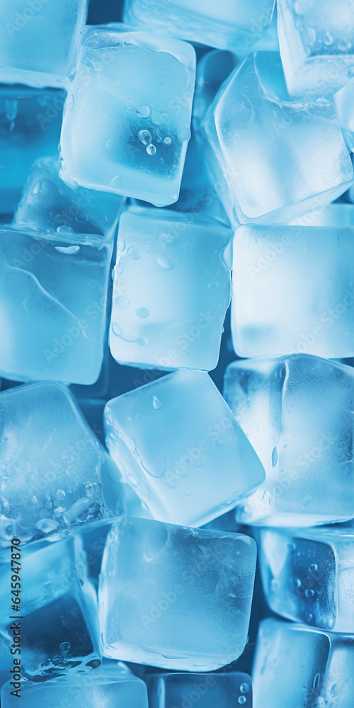 Ice cubes bluish background. Frozen water. Cold fresh concept. Generative AI