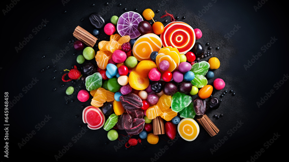 Top view on delicious multicolored candies on black rustic background. Generative AI