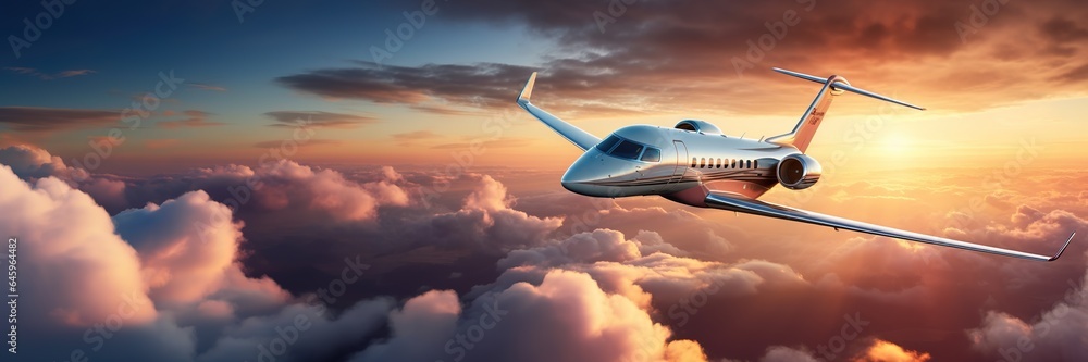 Luxury private jet flying above the clouds, beautiful sunset on background. Travel and airplane conc