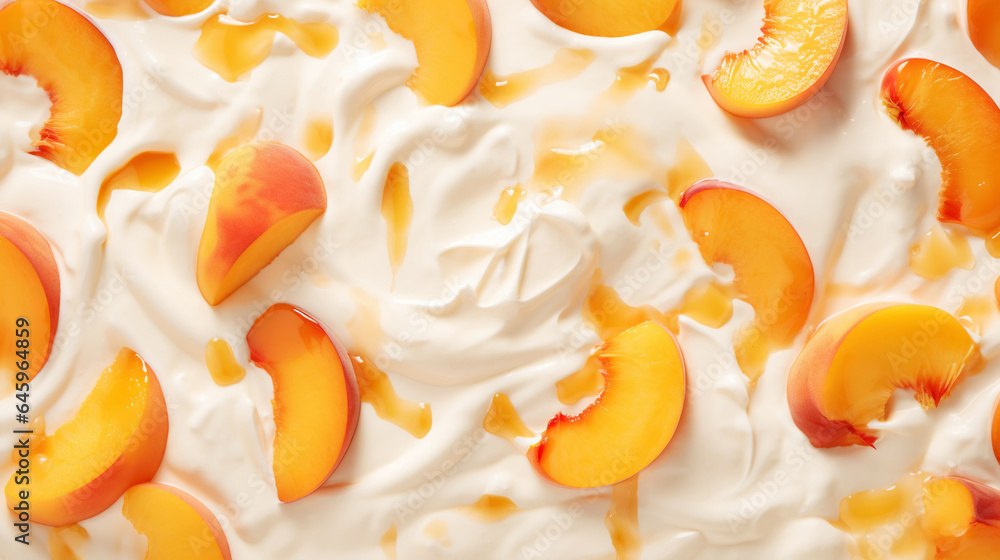 Yogurt and fresh peaches, background. Top view. Generative AI