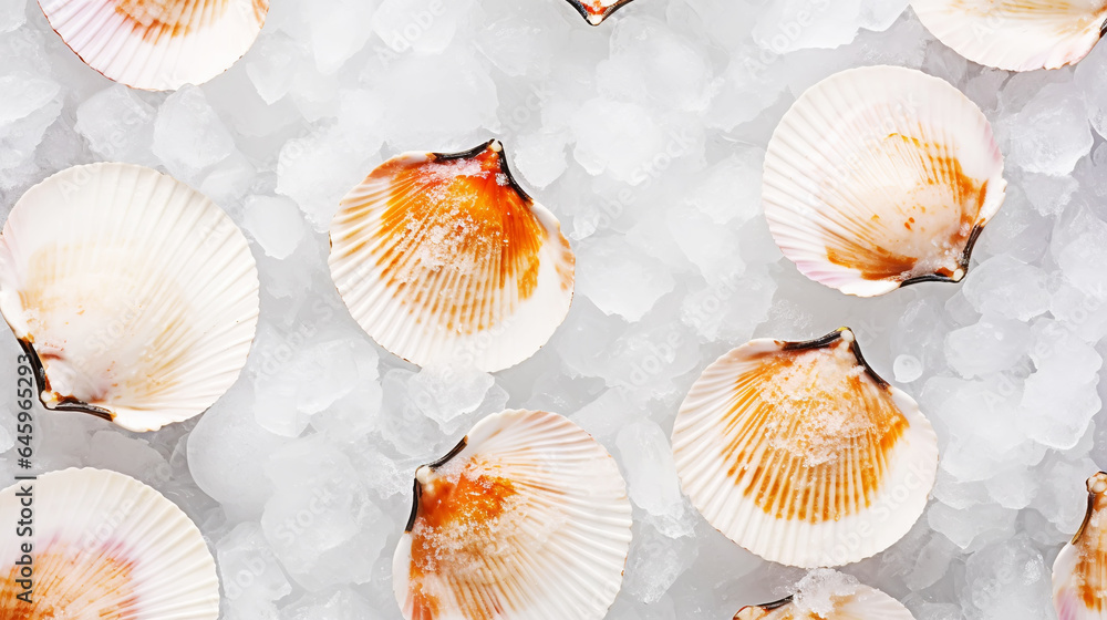 Raw fresh scallops on ice cubes. Seafood background. Generative AI